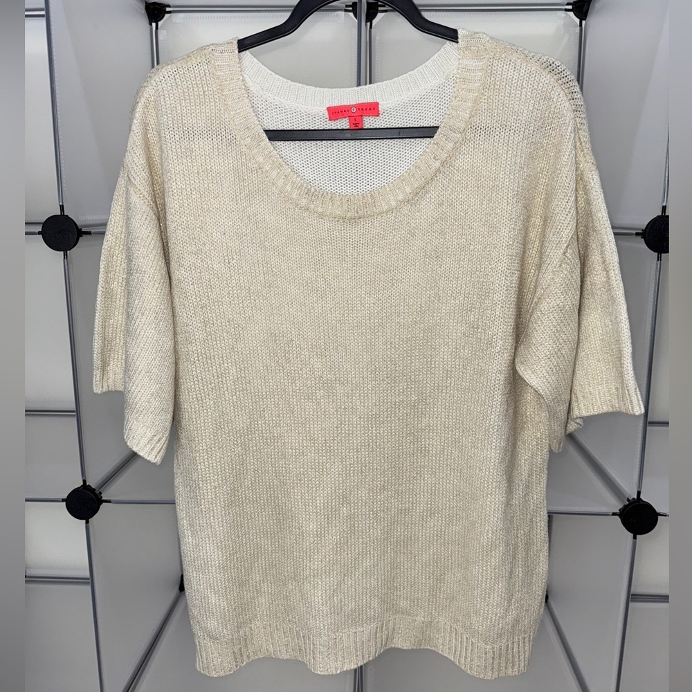 Ivanka Trump Womens Round Neck Short Sleeve Knit Sweater Metallic Beige Size L